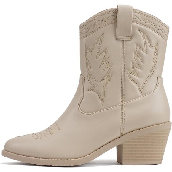 Shoes - Women's Cream Western Cowgirl Stitched Mid Calf Ankle Boots Side Zipper